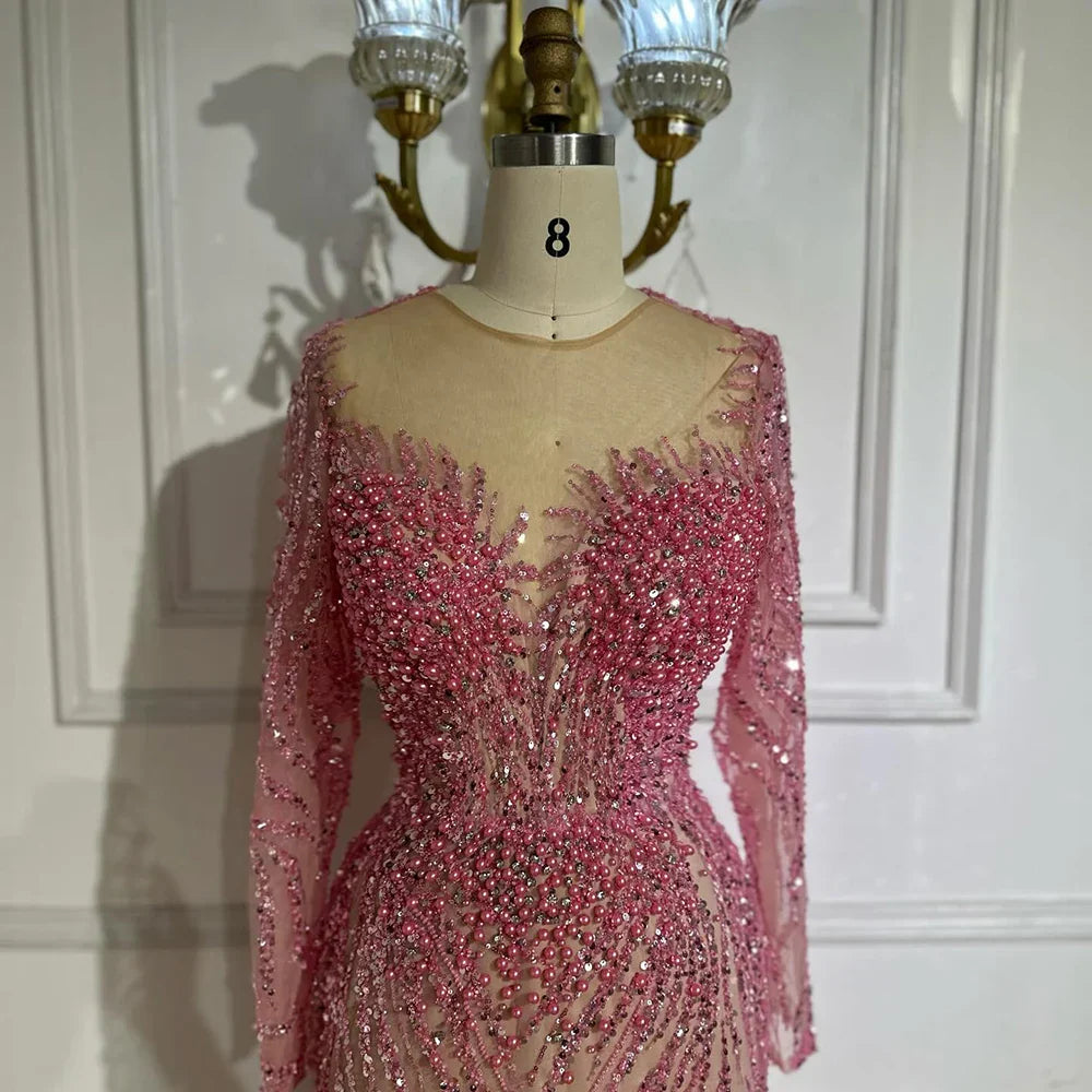 Blue Elegant Mermaid Dubai Arabia Luxury Beaded Pearls Evening Dresses Gowns 2025 For Women Wedding Party LA72264