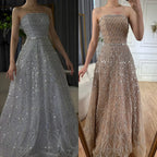 Vestido de noche largo, elegante, sin tirantes, con cuentas, corte en A, color gris árabe, modelo LA72755 (2025) 