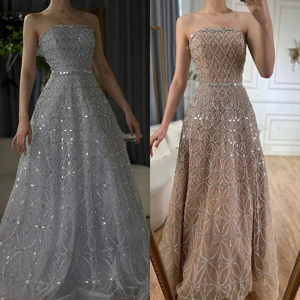 Vestido de noche largo, elegante, sin tirantes, con cuentas, corte en A, color gris árabe, modelo LA72755 (2025) 