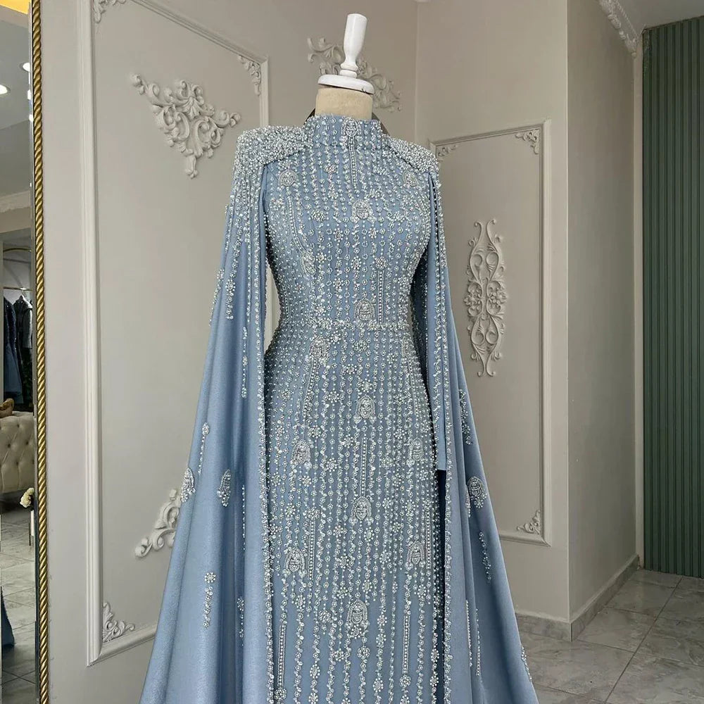 Vestidos de noche de sirena con cuentas, estilo musulmán, color azul Dubai, de lujo, con mangas tipo capa, para fiestas femeninas LA72533 