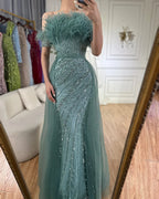Vestidos de noche elegantes de sirena color caramelo con cuentas, estilo árabe saudí, con sobrefalda para ocasiones formales LA71634A