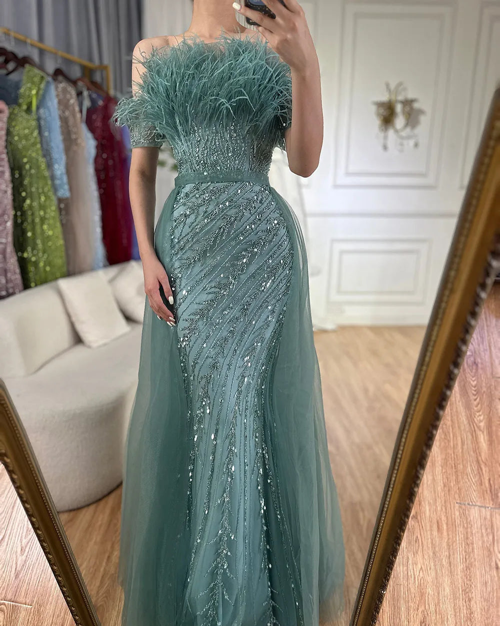 Vestidos de noche elegantes de sirena color caramelo con cuentas, estilo árabe saudí, con sobrefalda para ocasiones formales LA71634A