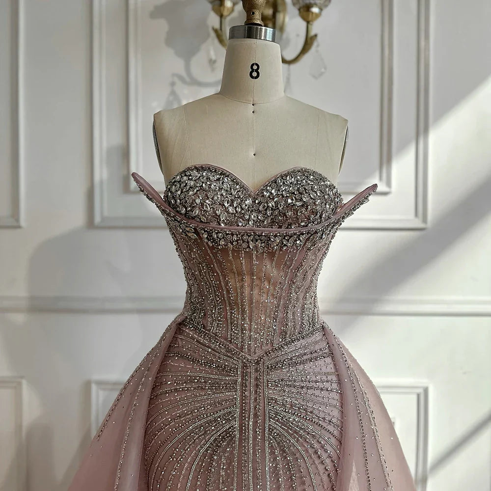 Vestidos de noche de sirena color nude con cuentas y sobrefalda para ocasiones formales LA72811 (2025) 