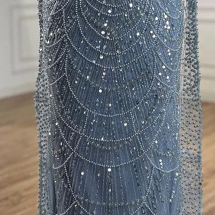 Vestido de noche de sirena color turquesa de Arabia Saudita, con mangas tipo capa con perlas y cuentas, ideal para ocasiones formales (LA72590A) 