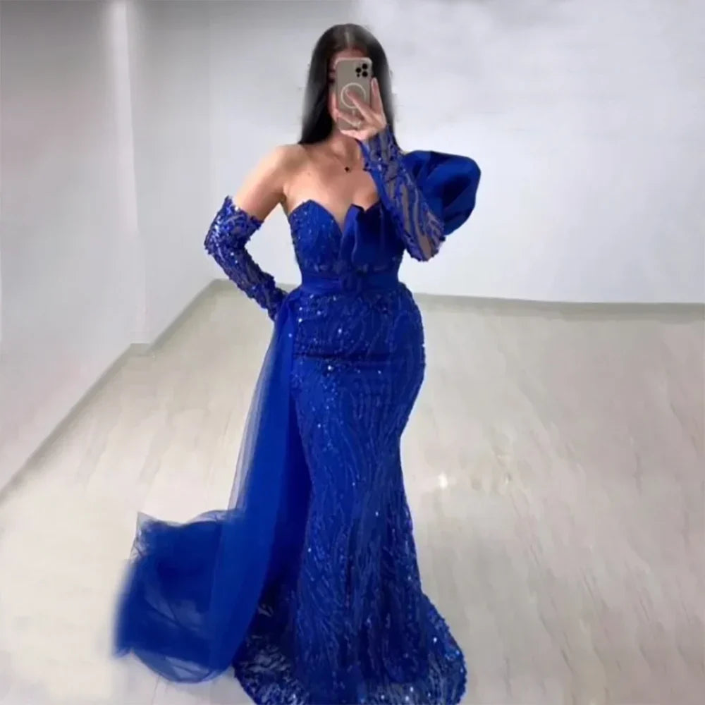 Arabic Royal Blue Mermaid Beaded Luxury Dubai Evening Dresses Gowns 2025 Elegant For Women Wedding Party LA72222