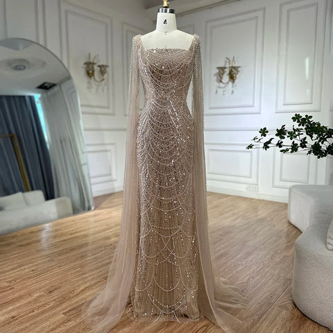 Robe de soirée sirène turquoise saoudienne 2025, avec manches cape perlées et perles, pour une occasion formelle, LA72590A 