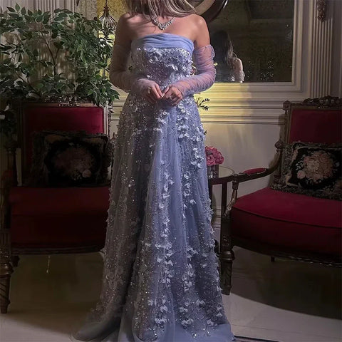 Robe de soirée élégante couleur pêche à fleurs 3D avec gants pour femmes arabes, tenue de mariage, LA72912 