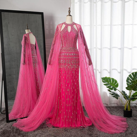 Luxury Dubai Mermaid Fuchsia Evening Dresses with Cape Sleeves LA71817