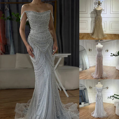 Luxury Crystal Silver Nude Mermaid Dubai Evening Dresses LA72253