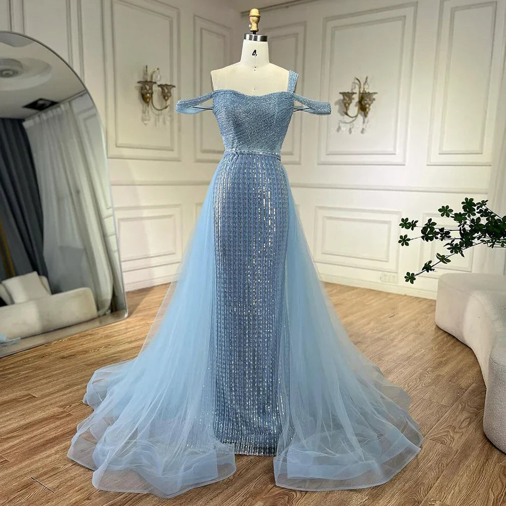 Gold Mermaid Elegant One Shoulder Overskirt Beaded Luxury Evening Dresses Gowns 2025 For Women Wedding Party LA72453