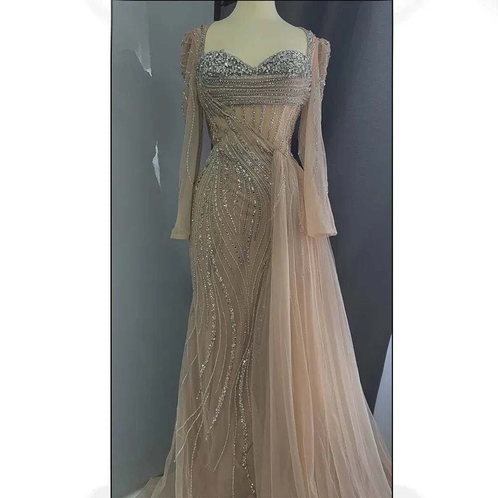 Vestidos de noche árabes color nude con cuentas y cristales, estilo saudí, con sobrefalda para ocasiones formales LA72812 