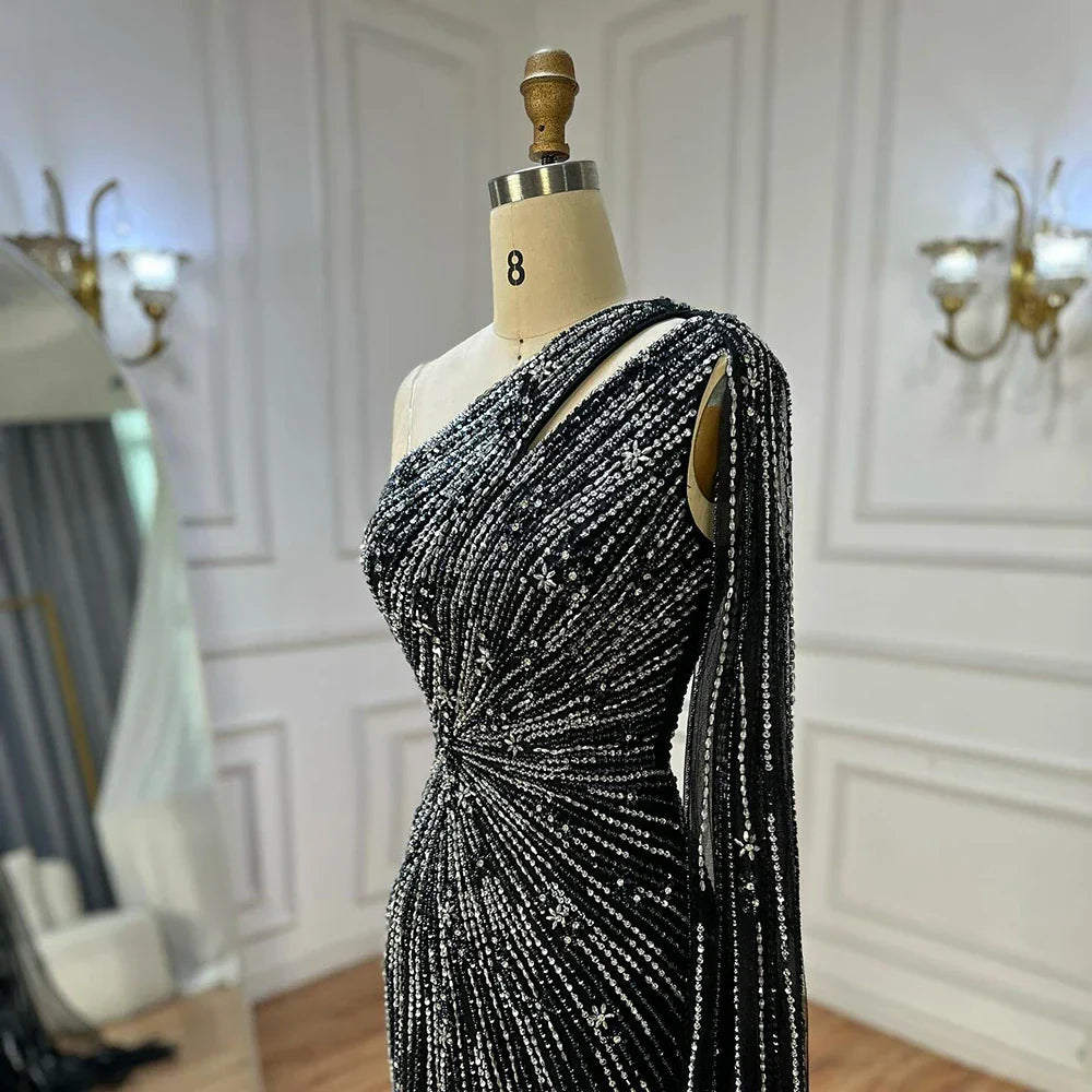 Vestido de noche de sirena con abertura alta y un solo hombro, con cuentas, estilo saudí, color negro, para ocasiones formales LA72829 