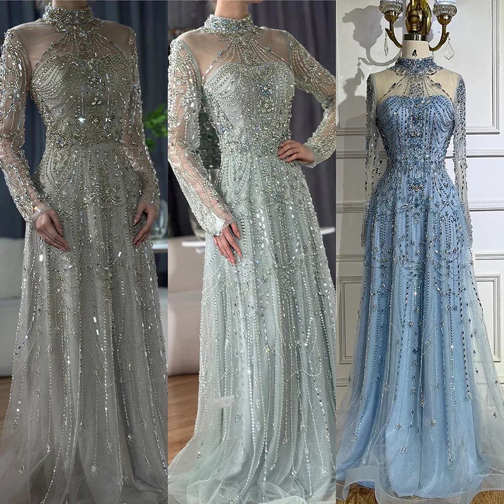 Vestidos de noche de lujo árabes de corte A, encaje azul y cuentas, para mujer, ideales para fiestas en Dubái (LA72704) 
