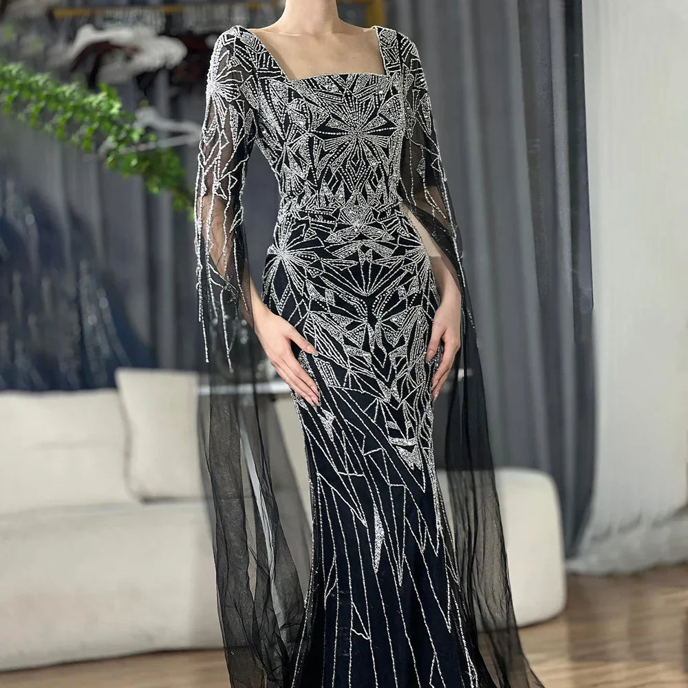 Vestidos de noche de sirena estilo saudí con mangas capa y cuentas, estilo árabe, para ocasiones formales (LA72261B) 