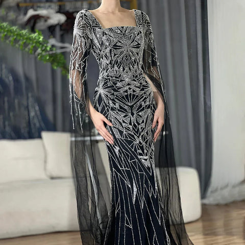 Robe de soirée sirène à manches cape, style arabe, style saoudien, luxueuse, perlée, pour occasions formelles, LA72261B, 2025 