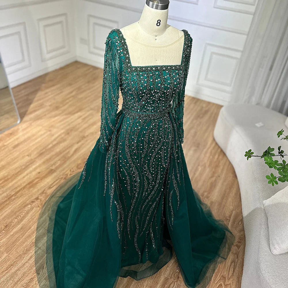 Vestidos de noche de sirena con sobrefalda, color verde árabe, bordados con cuentas, vestidos de lujo para ocasiones formales 2025 LA72710 