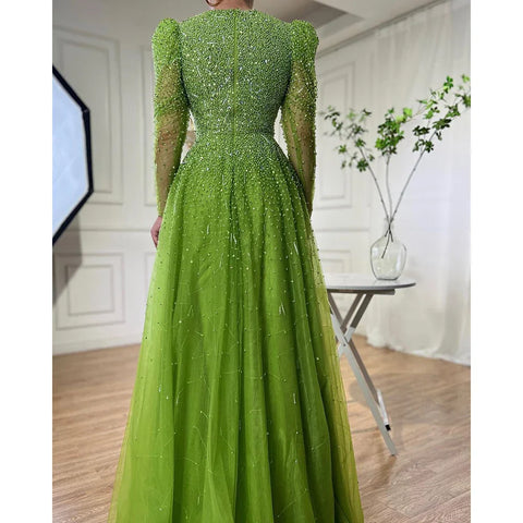 Robe de soirée élégante verte style sirène ornée de perles et manches longues LA71762 