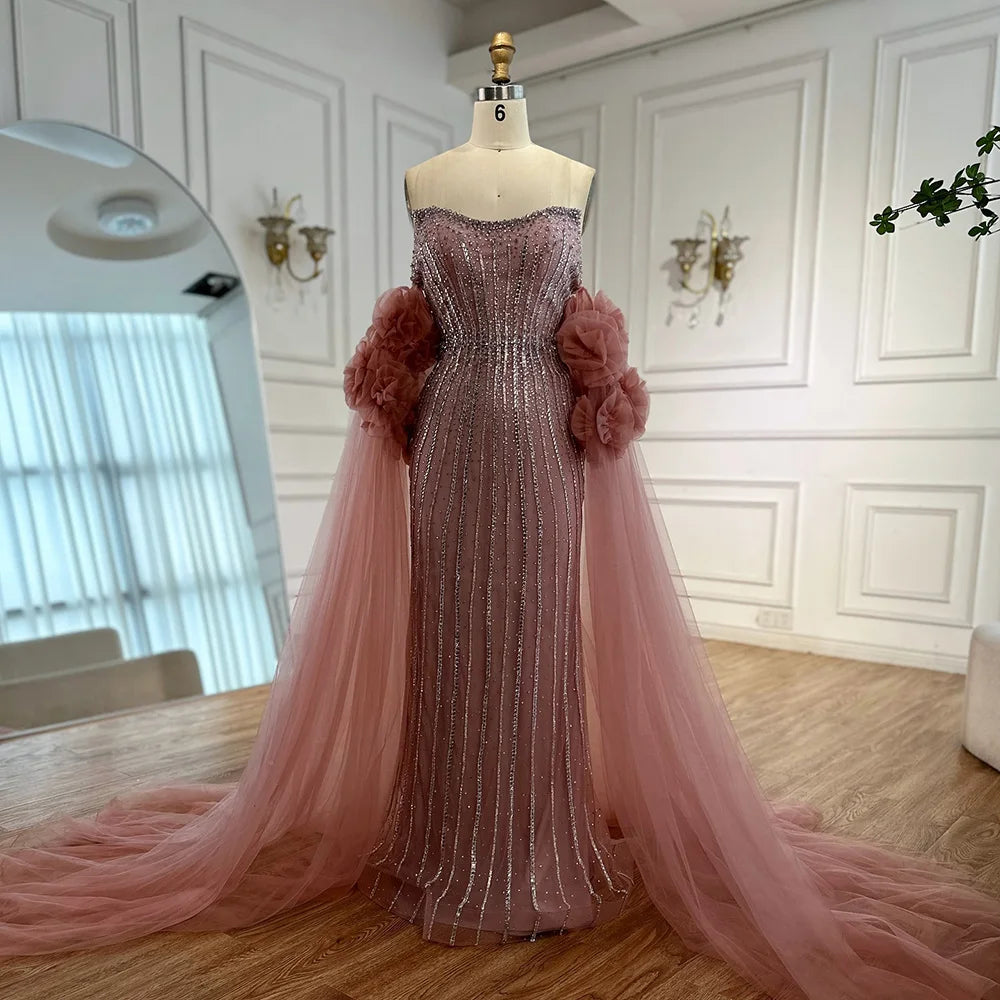 Luxury Pink Beaded Mermaid  Arabic Evening Dress with Cape LA73019