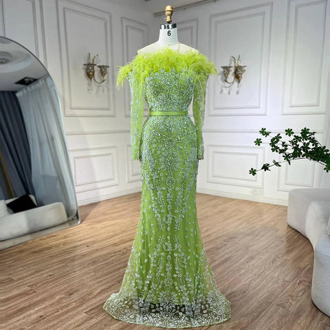 Luxury Dubai Green Boat Neck Mermaid Elegant Feathers Beaded Evening Dresses Gowns For Woman Wedding Party LA72553