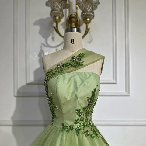 Robe de soirée longue élégante vert sauge, asymétrique, ligne A, avec appliques, pour une occasion formelle, LA72783, 2025 