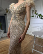 Champagne Mermaid Elegant Evening Dresses Diamond Feathers Sleeveless Formal Luxury Beaded 2025 LA70350