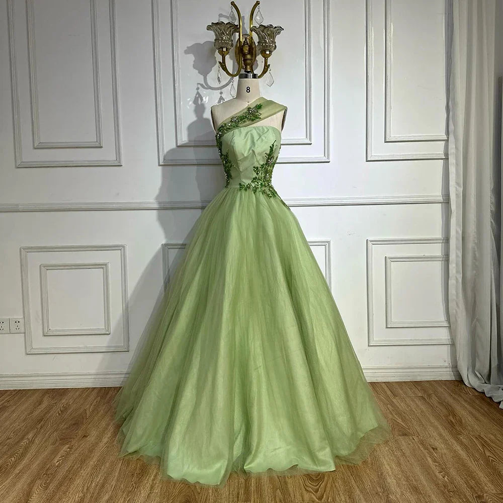 Vestido de noche largo árabe elegante de un solo hombro, corte en A, apliques, color verde salvia, ideal para ocasiones formales (LA72783) 