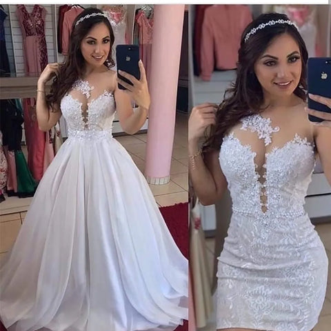 Vestidos de novia de dos piezas con cola desmontable, corte sirena, encaje ilusión, 2 en 1
