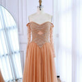 Luxury Nude Off Shoulder A-Line Beaded Evening Dress LA73038