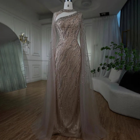 Black Mermaid Elegant Cape Sleeves Beaded Luxury Evening Dresses Gowns For Women Arabic Party 2025 LA72112