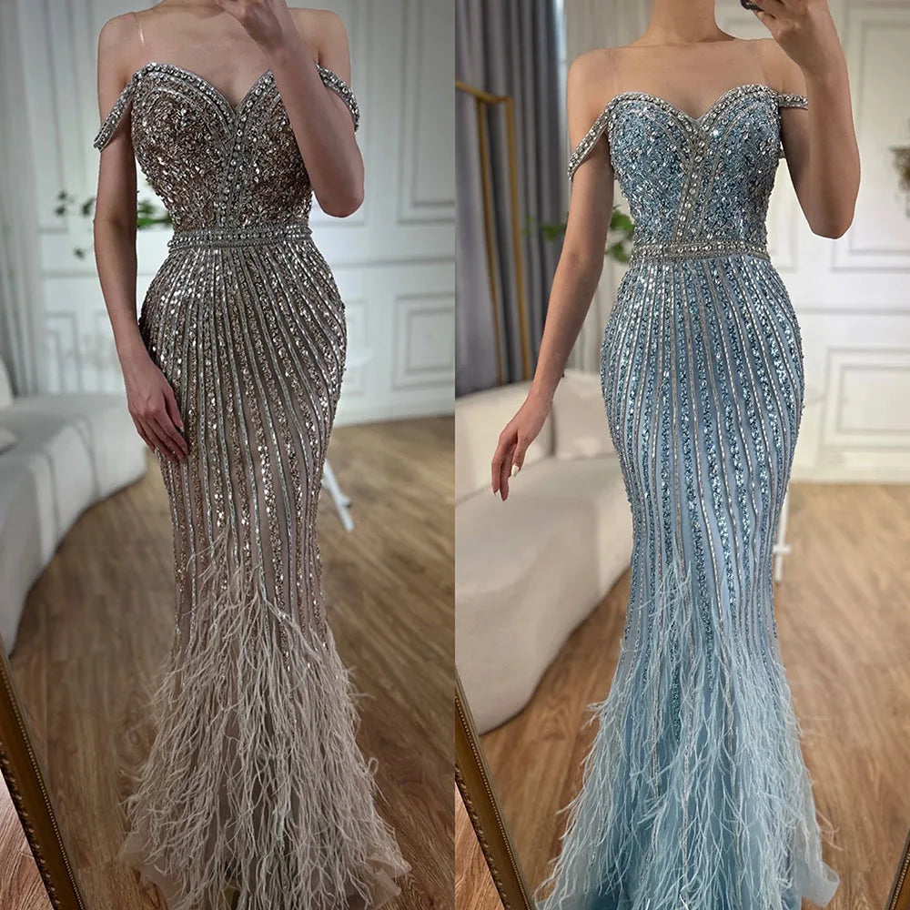 Vestido de noche de lujo saudí con tirantes finos color caramelo, estilo sirena, con plumas y cuentas, ideal para ocasiones formales (LA72715) 