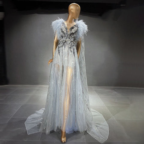 Vestidos de noche con mangas de capa plateadas, corte A, con cuentas y plumas, de lujo, para mujer, fiesta, LA71546 