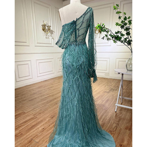 Dubai Eine Shouder Wein Roten Abendkleid Kleider Feder Split Perlen Luxus Meerjungfrau Formale Kleid 2025 LA70513 