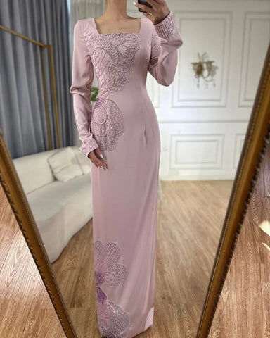Vestido de noche de lujo estilo sirena rosa árabe, elegante, con cuentas, de satén, para mujer, ideal para fiestas, estilo Dubái, modelo LA72001A 