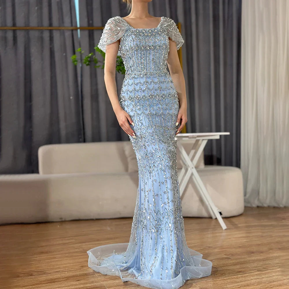 Vestido de noche de sirena de lujo blanco árabe de Dubái con mangas casquillo LA72714