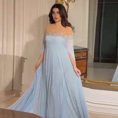 Robe de soirée de luxe arabe bleu ciel avec cristaux, coupe trapèze, avec caftan élégant, pour une occasion formelle, LA72766 
