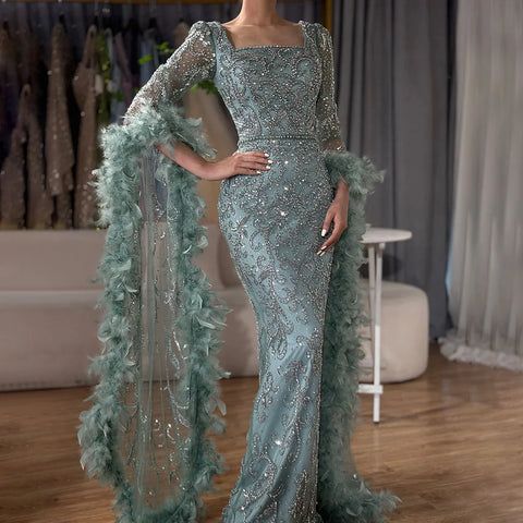 Flared Sleeves Mermaid Turquoise Beaded Feather Luxury Evening Dresses Gowns for Formal Occasion 2025 LA72767