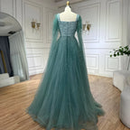 Vestido de noche de lujo saudí, corte A, estilo árabe, con plumas, mangas tipo capa y cuentas. Ideal para ocasiones formales. Modelo LA71782A (2025). 