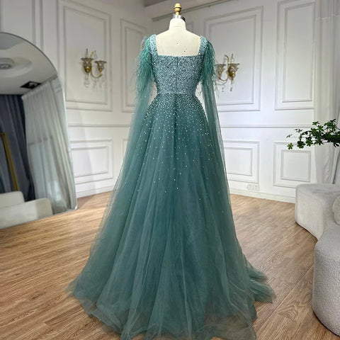 Arabic Blue A Line Feathers Cape Sleeves Beaded Luxury Saudi Evening Dresses Gowns for Formal Occasion 2025 LA71782A