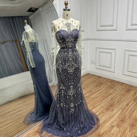 Vestidos de noche de lujo azules con cuentas, de manga larga y sobrefalda LA72757