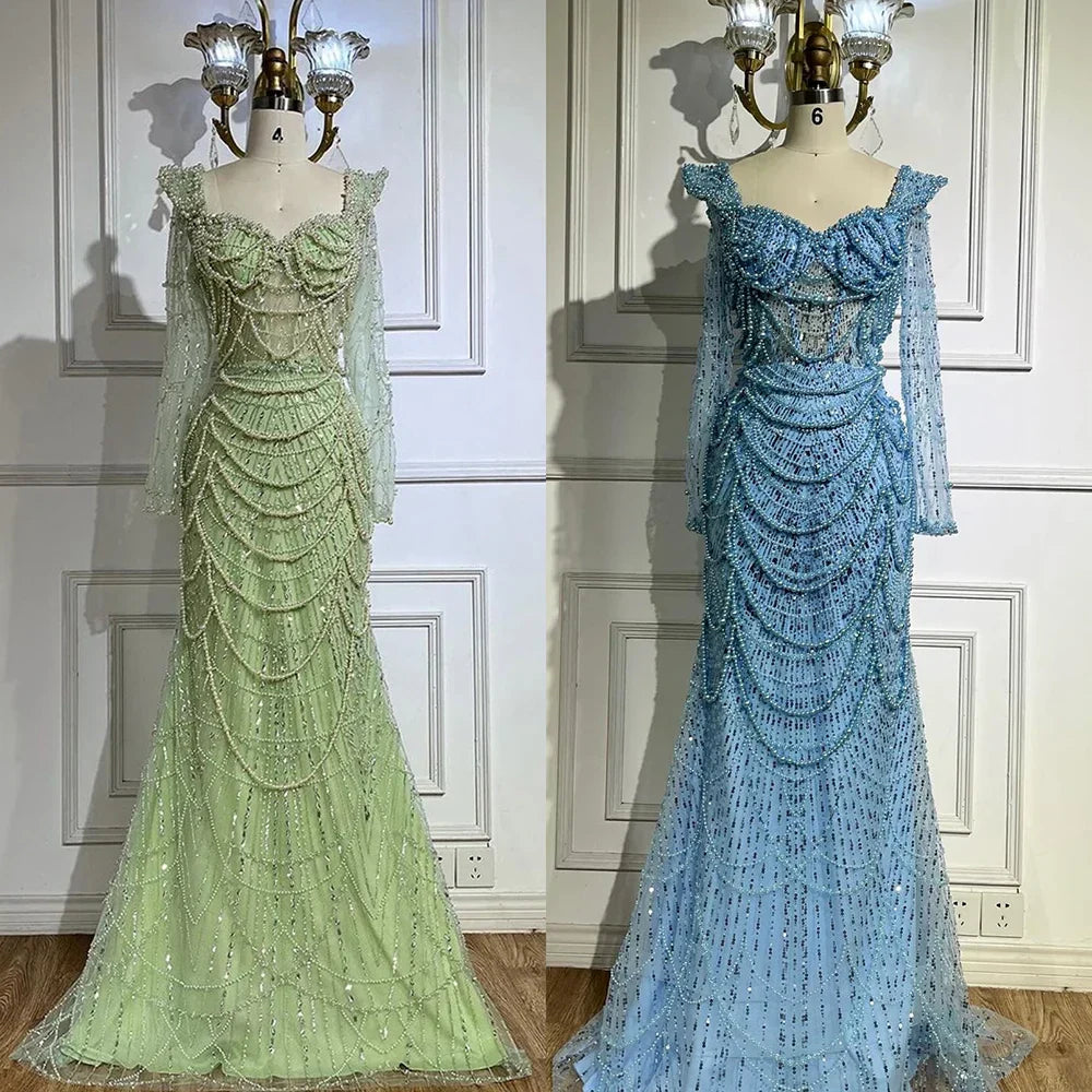 Vestido de noche de lujo estilo sirena con escote corazón, perlas y cuentas, color verde salvia árabe, modelo LA72660 (2025) 