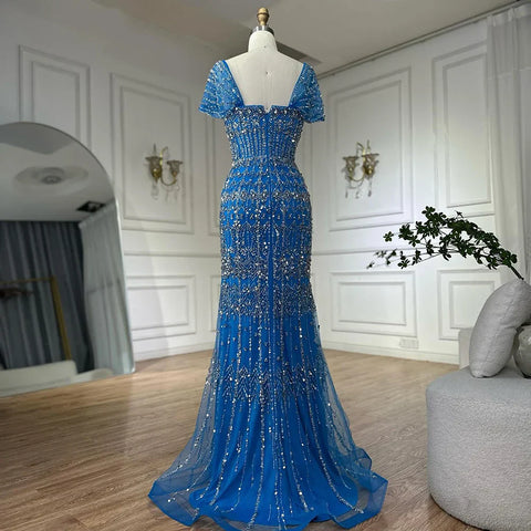 Vestido de noche de sirena de lujo blanco árabe de Dubái con mangas casquillo LA72714