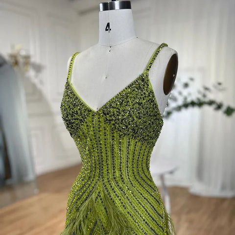On Sale no return no refund Yellow Green Feathers Mermaid Sundress Evening Gowns Beaded Ankle Length Party Drsses 2025 For Women LA72055