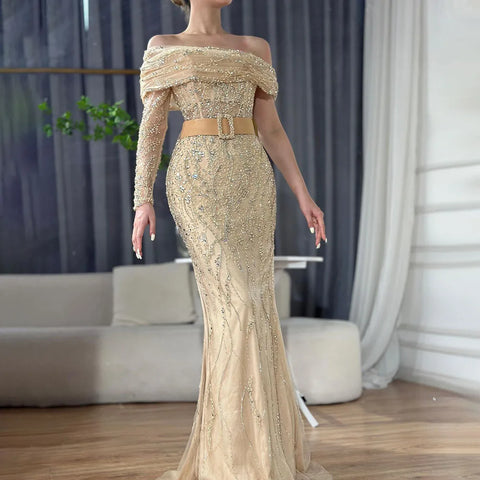 Robe de soirée sirène asymétrique à perles, couleur chair, style arabe, tenue de soirée de luxe à Dubaï, pour femmes, mariage, 2025, LA72161 