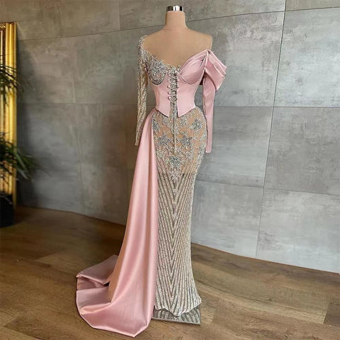Arabic Pink Satin Mermaid Elegant With Overskirt Beaded Evening Dresses Gowns 2025 For Women Wedding Party LA71946