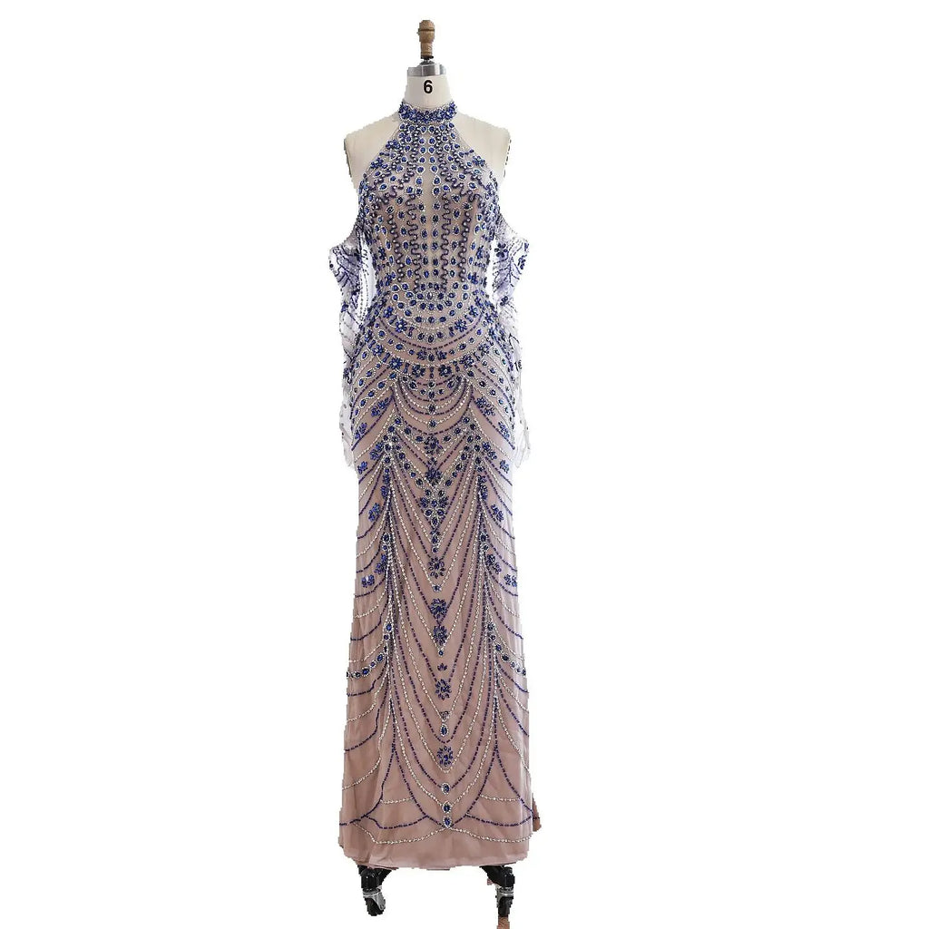 Luxury Kosovo Blue Evening Dress With Gloves LA72760C