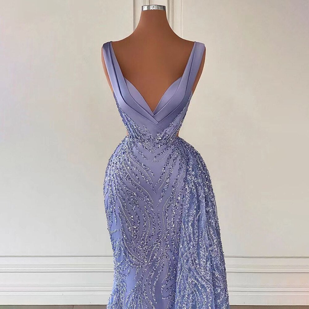 Vestido de noche elegante estilo sirena azul árabe con falda, escote en V profundo y sexy, con cuentas, modelo 2025, para mujer, ideal para fiestas (LA71751)