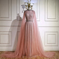 Luxury Elegant Pink Beaded Evening Dress with Cape LA73033