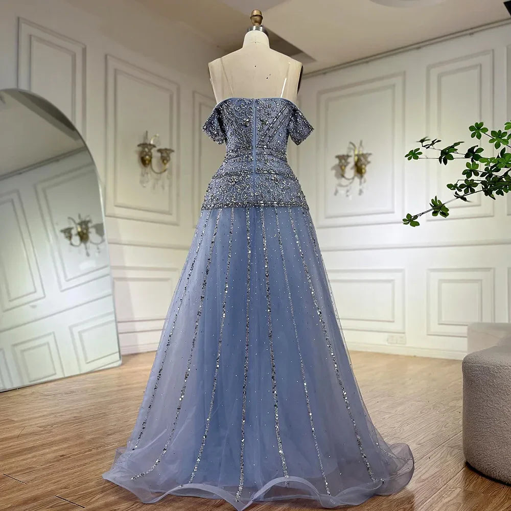 Vestido de noche de lujo color caramelo con hombros descubiertos, corte en A y cuentas, modelo LA72709, para ocasiones formales (2025) 