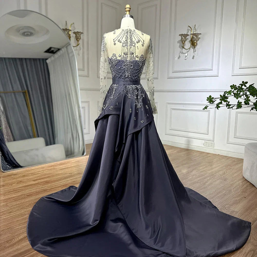 Luxury Beaded Blue Long Sleeves Evening Dresses with Overskirt  LA72757