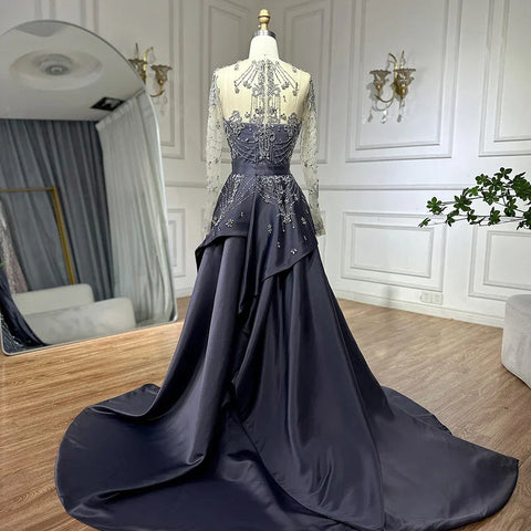 Vestidos de noche de lujo azules con cuentas, de manga larga y sobrefalda LA72757